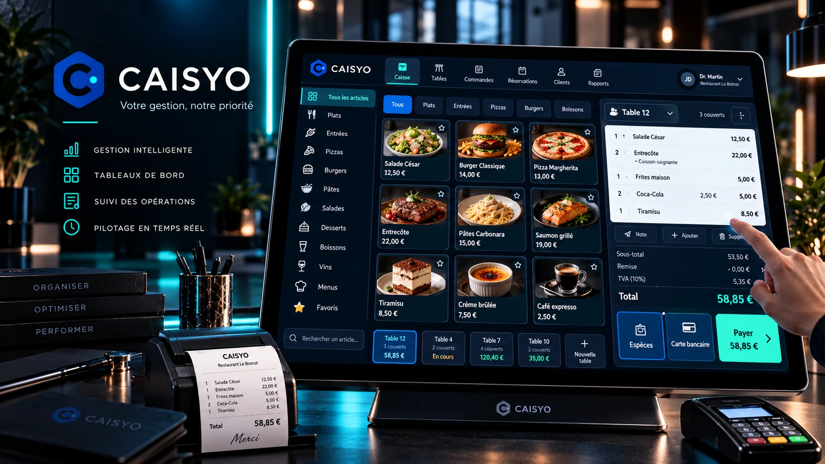 CAISYO : caisse tactile de restaurant avec interface de commande, gestion des tables, terminal de paiement et imprimante de tickets